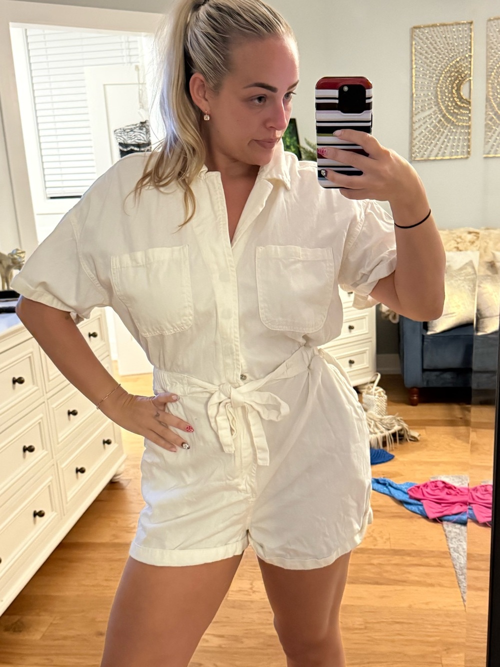 Urban Outfitters White Short Sleeve Tie-Waist Romper